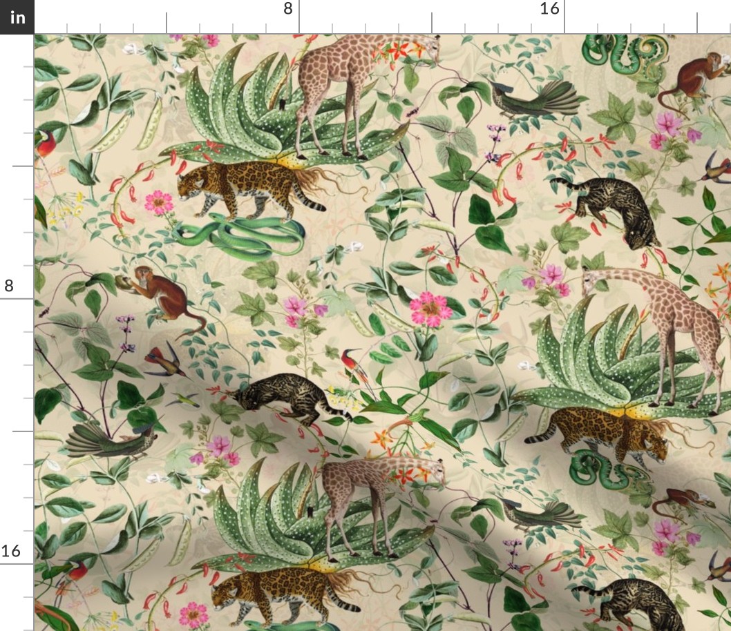 Vintage Wild Animal Paradise in the Nostalgic Tropical Flower Greenery Jungle - Leopards Giraffes Monkeys Birds - beige parchment double layer