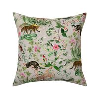 Vintage Wild Animal Paradise in the Nostalgic Tropical Flower Greenery Jungle - Leopards Giraffes Monkeys Birds - gray