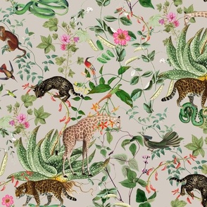 Vintage Wild Animal Paradise in the Nostalgic Tropical Flower Greenery Jungle - Leopards Giraffes Monkeys Birds - gray
