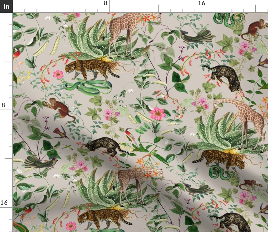 Vintage Wild Animal Paradise in the Nostalgic Tropical Flower Greenery Jungle - Leopards Giraffes Monkeys Birds - gray