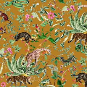 Vintage Wild Animal Paradise in the Nostalgic Tropical Flower Greenery Jungle - Leopards Giraffes Monkeys Birds -mustard