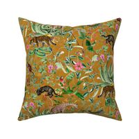 Vintage Wild Animal Paradise in the Nostalgic Tropical Flower Greenery Jungle - Leopards Giraffes Monkeys Birds - mustard double layer