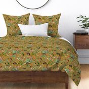 Vintage Wild Animal Paradise in the Nostalgic Tropical Flower Greenery Jungle - Leopards Giraffes Monkeys Birds - mustard double layer