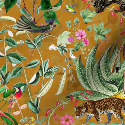 Vintage Wild Animal Paradise in the Nostalgic Tropical Flower Greenery Jungle - Leopards Giraffes Monkeys Birds - mustard double layer