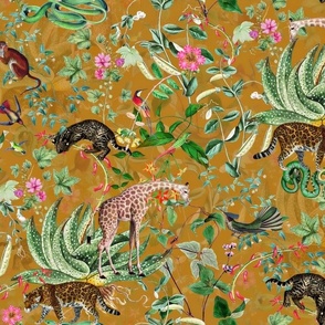 Vintage Wild Animal Paradise in the Nostalgic Tropical Flower Greenery Jungle - Leopards Giraffes Monkeys Birds - mustard double layer