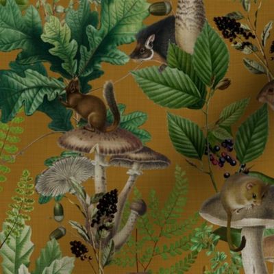  Nostalgic Woodland Animals And Psychadelic Mushroom Kitchen Wallpaper,    Vintage Edible Mushrooms Fabric, Vintage Animal Forest, Antique Greenery, Fall Home Decor,   Woodland Harvest, - linen canvas effect -  mustard