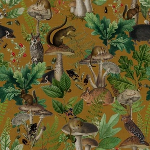  Nostalgic Woodland Animals And Psychadelic Mushroom Kitchen Wallpaper,    Vintage Edible Mushrooms Fabric, Vintage Animal Forest, Antique Greenery, Fall Home Decor,   Woodland Harvest, - linen canvas effect -  mustard