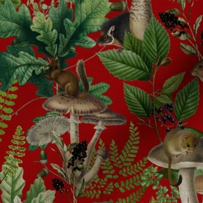  Nostalgic Woodland Animals And Psychadelic Mushroom Kitchen Wallpaper,    Vintage Edible Mushrooms Fabric, Vintage Animal Forest, Antique Greenery, Fall Home Decor,   Woodland Harvest, - linen canvas effect - dark red