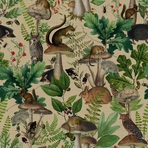 Nostalgic Woodland Animals And Psychadelic Mushroom Kitchen Wallpaper,    Vintage Edible Mushrooms Fabric, Vintage Animal Forest, Antique Greenery, Fall Home Decor,   Woodland Harvest, - linen canvas effect - beige