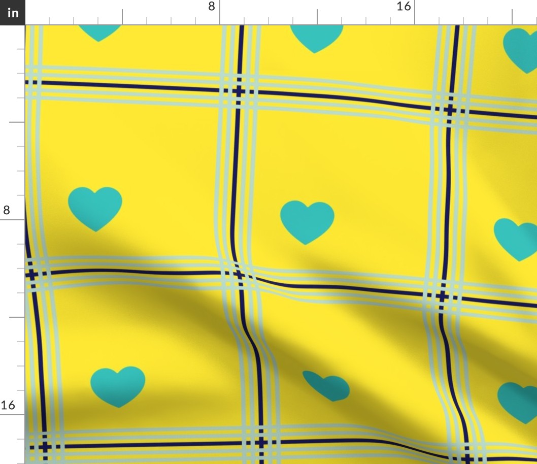 Teal and navy plaid with hearts - Medium scale