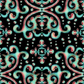 Byzantine watercolor curls, Turquoise red on a black background