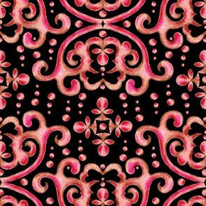 Byzantine watercolor curls, Rose-brown on a black background