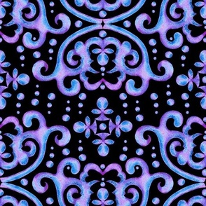 Byzantine watercolor curls, Lilac-blue on a black background