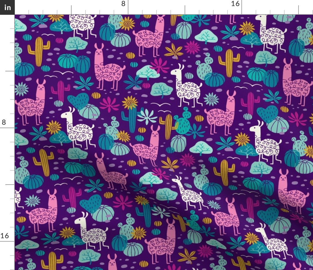 Llamas in the desert on purple