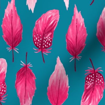Watercolor feathers pink on teal