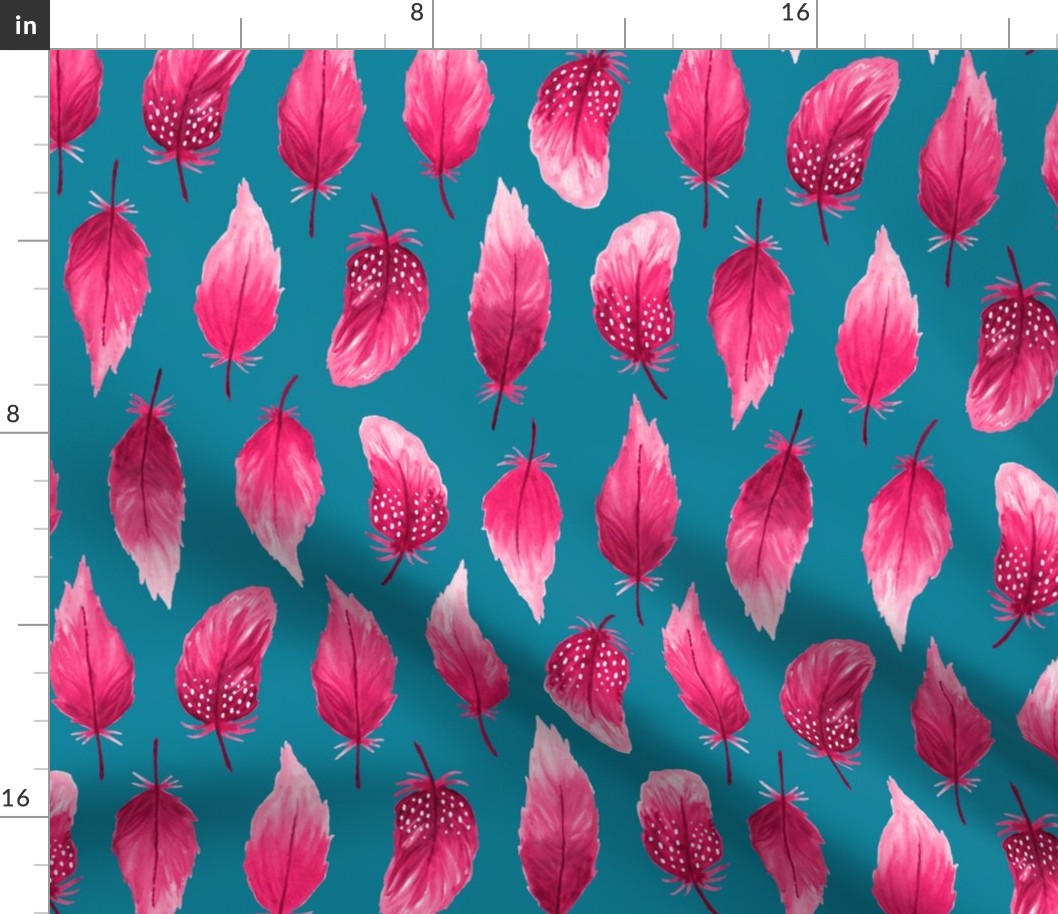 Watercolor feathers pink on teal