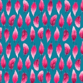 Watercolor feathers pink on teal (mini)