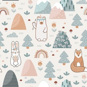 Seamless pattern with cute forest animals, flowers, and trees