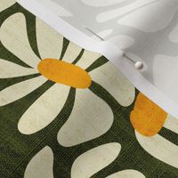 Retro Whimsy Daisy- Flower Power on Olive Green- Eggshell Floral- Regular Scale