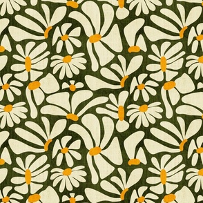 Retro Whimsy Daisy- Flower Power on Olive Green- Eggshell Floral- Regular Scale