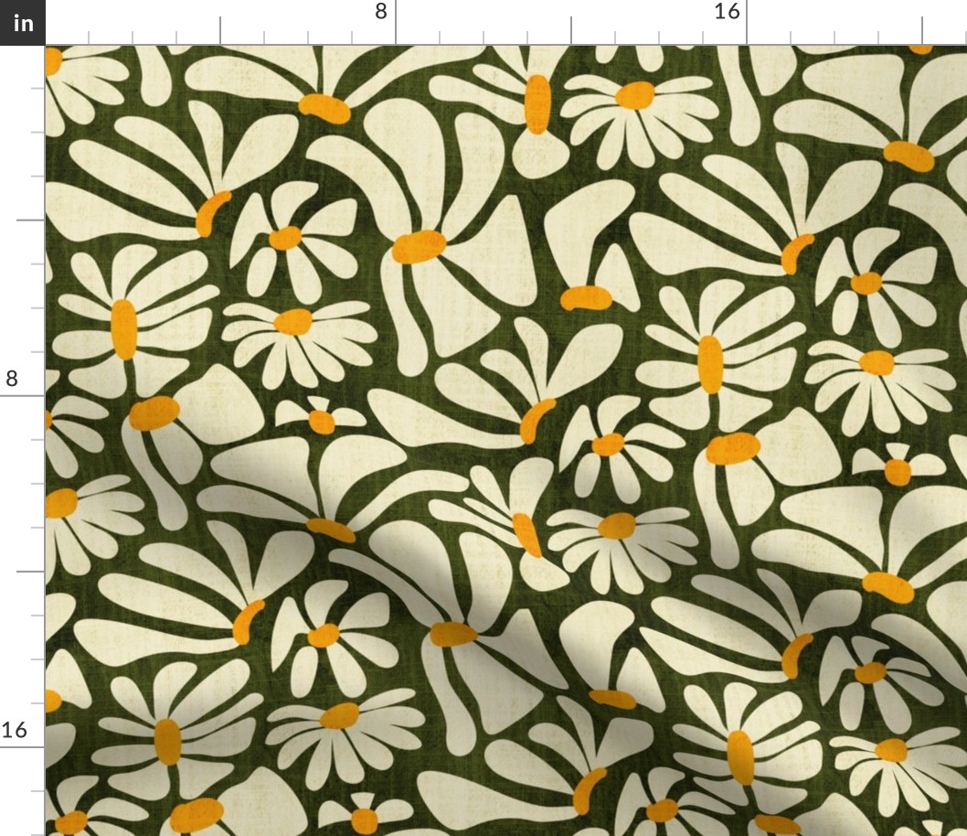 Retro Whimsy Daisy- Flower Power on Olive Green- Eggshell Floral- Regular Scale