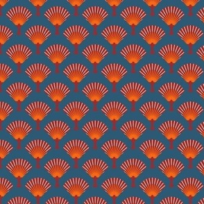 Small-scale fan stylization in Art Deco, Orange on a dark blue-turquoise background