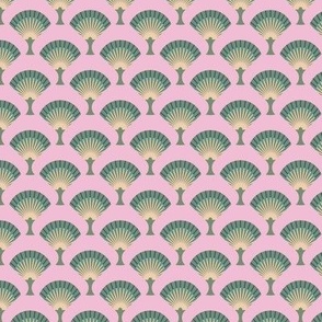 Small-scale fan stylization in Art Deco, Gray-turquoise on a pink background