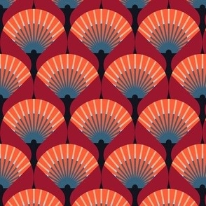 Medium-scale fan stylization in Art Deco, Orange-blue on a red background