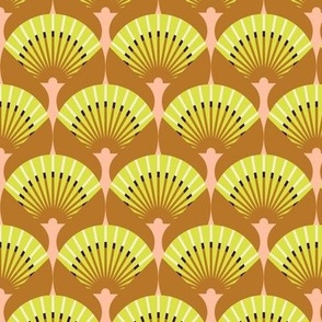 Medium-scale fan stylization in Art Deco, Light green on a dark orange background