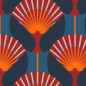 Large-scale fan stylization in Art Deco, Orange on a dark blue-turquoise background