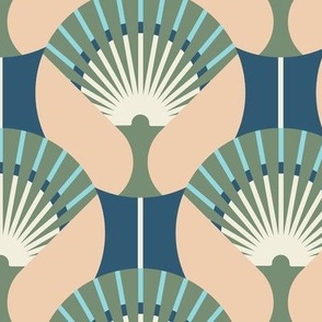 Large-scale fan stylization in Art Deco, Gray-green on a gray-blue background