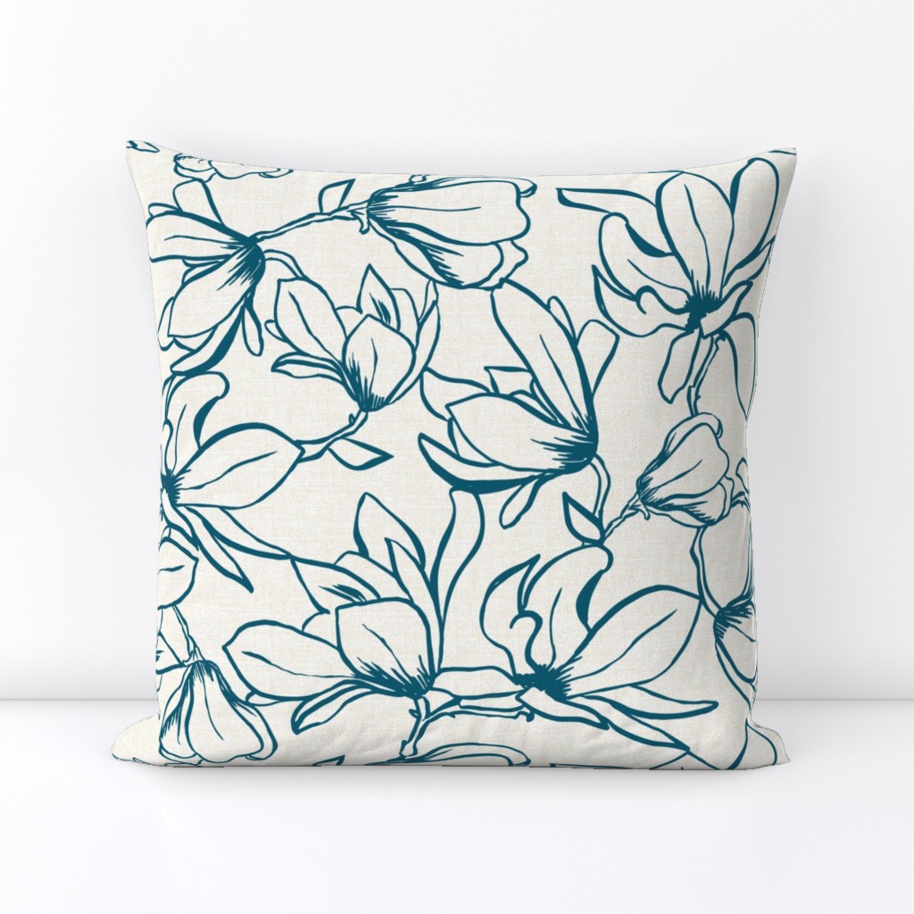 Magnolia Garden Floral - Textured Ivory and Teal Outline Large