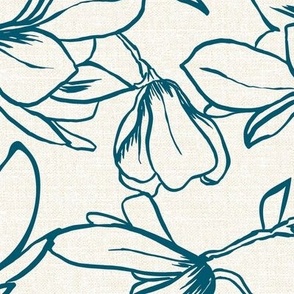 Magnolia Garden Floral - Textured Ivory and Teal Outline Large