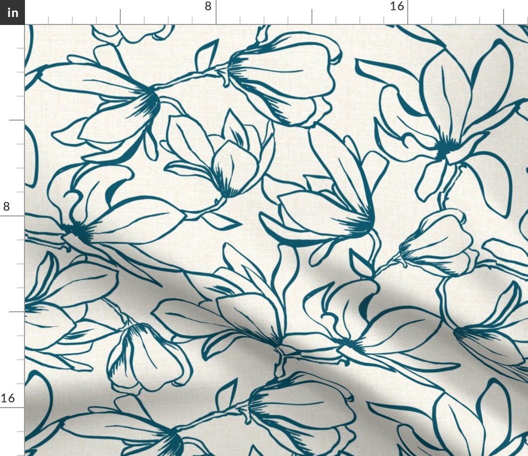 Magnolia Garden Floral - Textured Ivory and Teal Outline Large