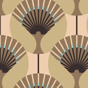 Large-scale fan stylization in Art Deco, Brown on a coral background