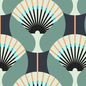 Large-scale fan stylization in Art Deco, White-turquoise on a dark gray background