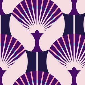 Large-scale fan stylization in Art Deco, Violet-pink on a dark purple background