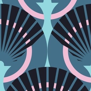 Very Large-scale fan stylization in Art Deco, Black with pink on a dark turquoise background