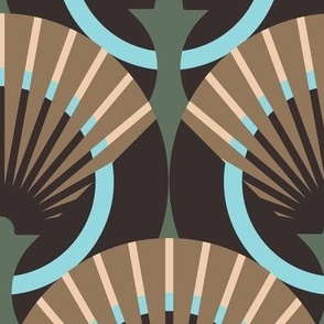 Very Large-scale fan stylization in Art Deco, Brown with blue on a dark brown background