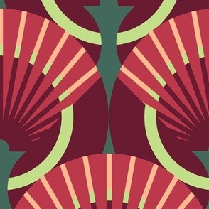 Very Large-scale fan stylization in Art Deco, Red with green on a dark red background