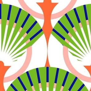 Very Large-scale fan stylization in Art Deco, Green with coral on a white background