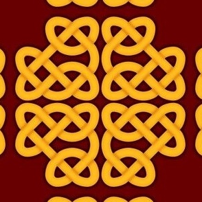 Celtic cross form knot, scarlet and gold