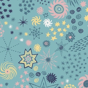 Celestial Confetti on Turquoise Fabric