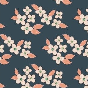 Vivid Flowers Ditsy -Navy Blue Peach - Larger Scale