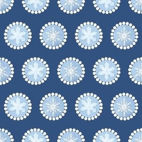 Snowflake Medallions Christmas Ornaments Coordinate White Snowflakes on Blue Circles with Solid Dark Blue Background 6 inch Repeat