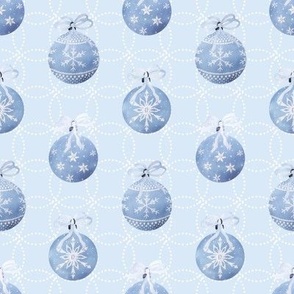 Christmas Tree Ornaments Blue Snowflake Ornaments on Light Blue Geometric Dot Floral Pattern 8 inch Repeat