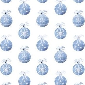 Blue Hand Painted Christmas Ornaments Tied with a Bow Blue Snowflake Ornaments on White 5 inch Repeat
