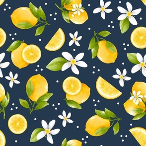 Large Scale Yellow Lemons and White Blossoms on Navy