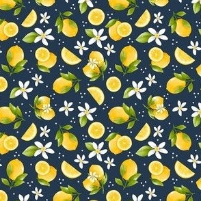 Small Scale Yellow Lemons and White Blossoms on Navy