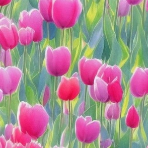 Field of Pink Tulips in Watercolor